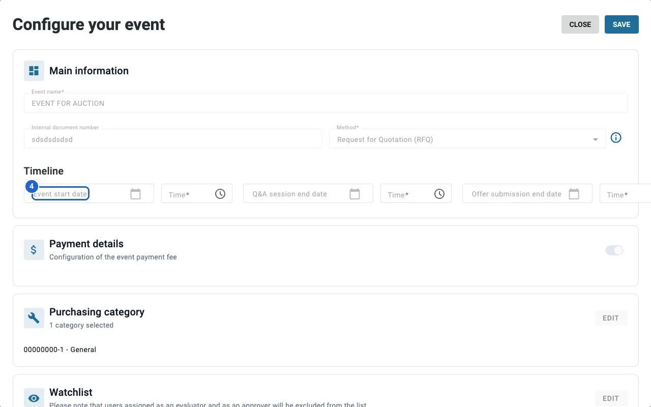 Step 4: Set the round's timeline — click “Event start date”.